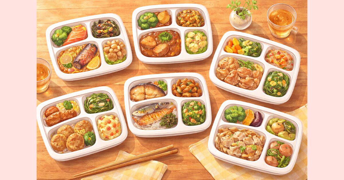 産後ママ向け宅配弁当のおかずが並んだフラットレイ
