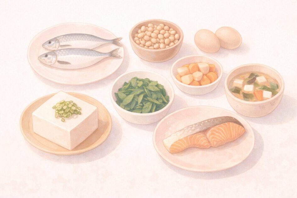 授乳中に必要な栄養素が摂れる食材を並べたフラットレイ写真