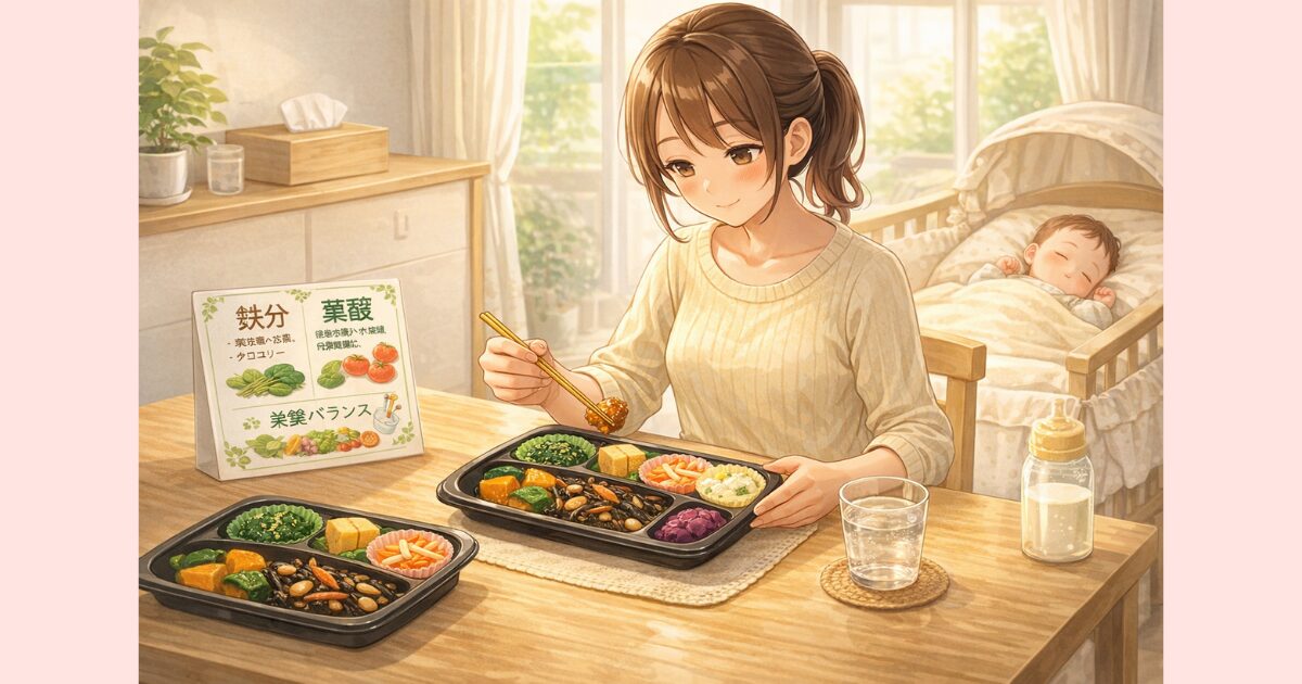 ほっとしながら宅配弁当を食べる産後ママ