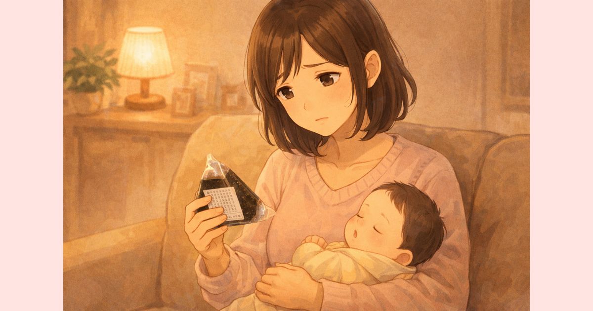 授乳しながらコンビニのおにぎりの裏面を見て不安そうな産後ママ