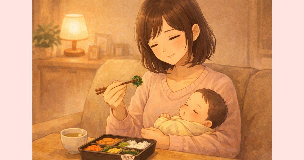 無添加の宅配弁当のおかずを食べてほっとする産後ママ