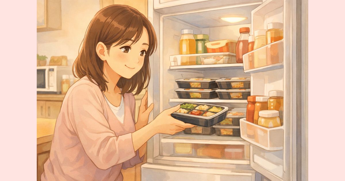 冷蔵で届く宅配弁当のおかずを冷蔵庫に入れる産後ママ