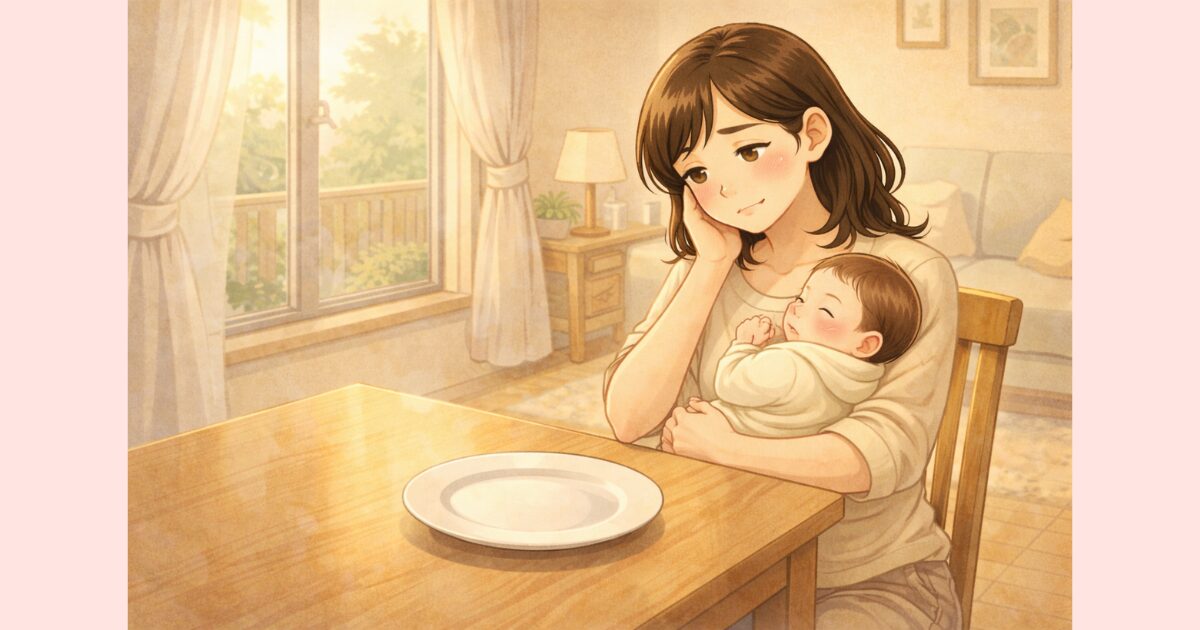 産後に食卓でぼんやりと空の皿を見つめる日本人の母親