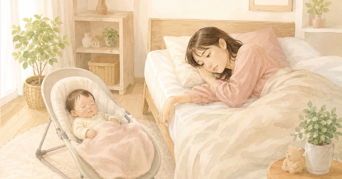 産後、疲れて横になるママ