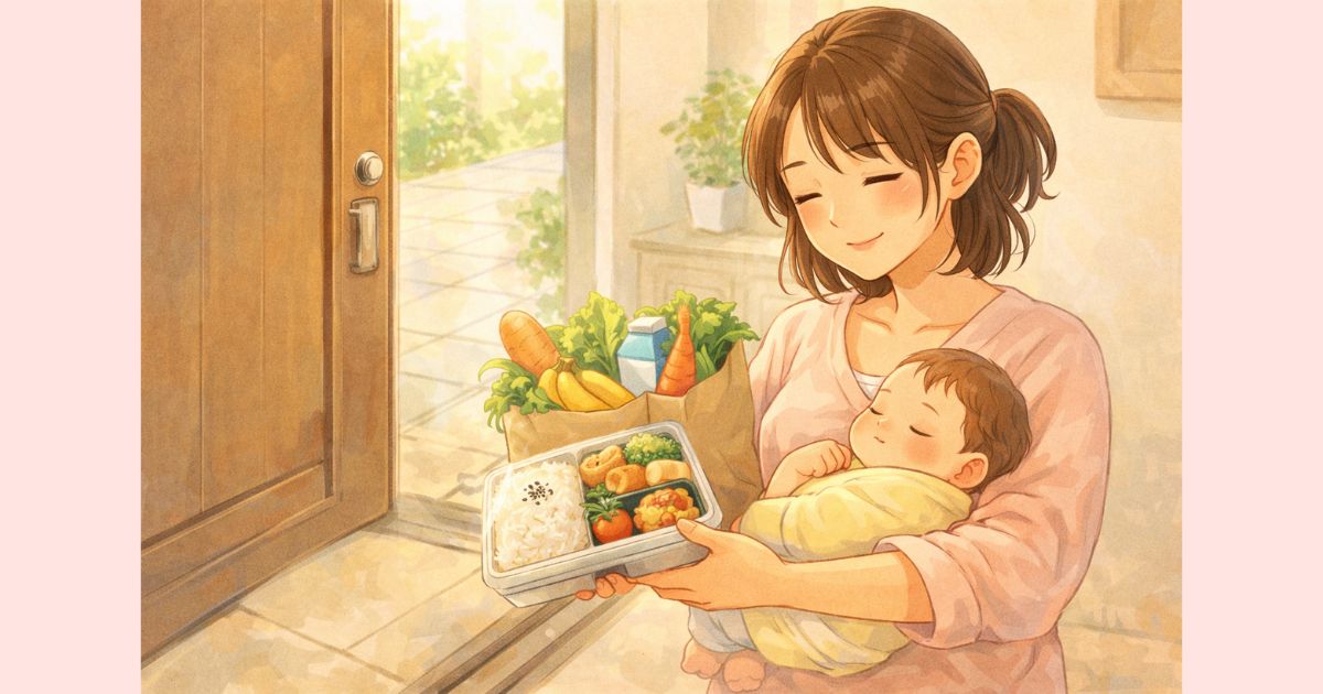 玄関に届いた食材や宅配弁当を受け取る産後ママ