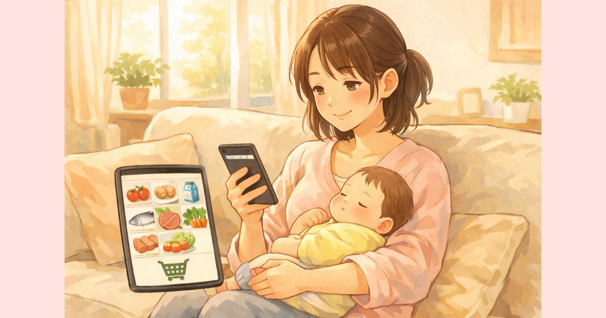 産後にスマホでネットスーパーを注文する産後ママ