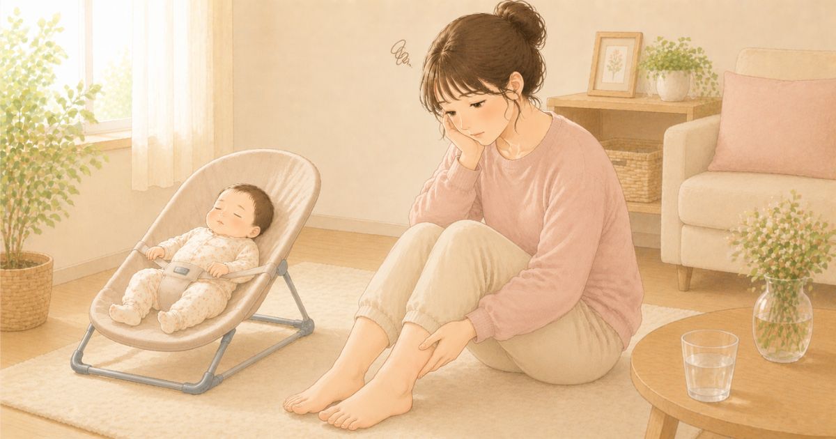 産後のむくんだ足を見て困っているママのイメージ