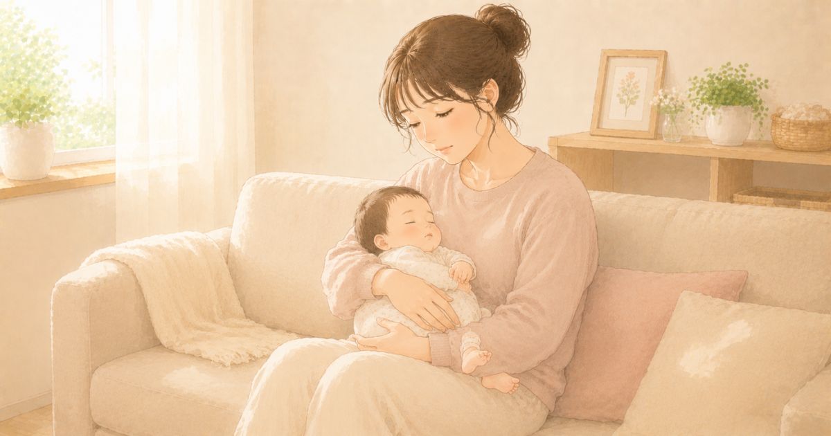 疲れた顔で赤ちゃんを抱っこする産後ママ