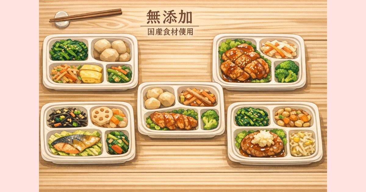 産後ママ向け無添加宅配弁当のおかずが並んだフラットレイ