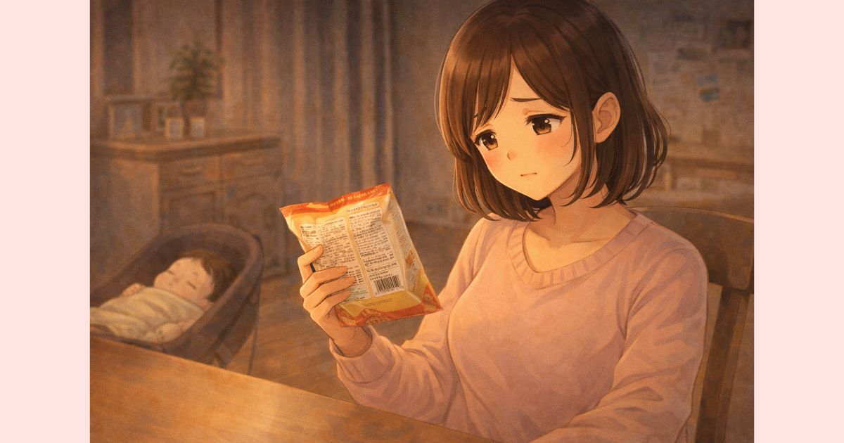 袋麺の添加物表示を見て不安そうな産後ママ