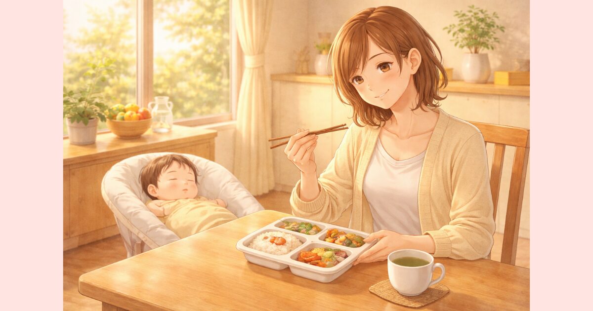 宅配弁当を食べながら赤ちゃんと穏やかに過ごす産後ママ