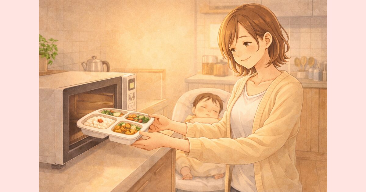 宅配弁当のおかずを温めながらほっとする産後ママ