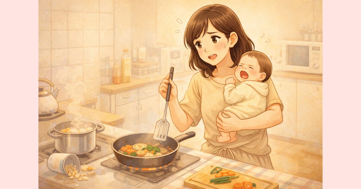 産後に料理しようとするが、赤ちゃんを抱いていてできないママのイメージ。