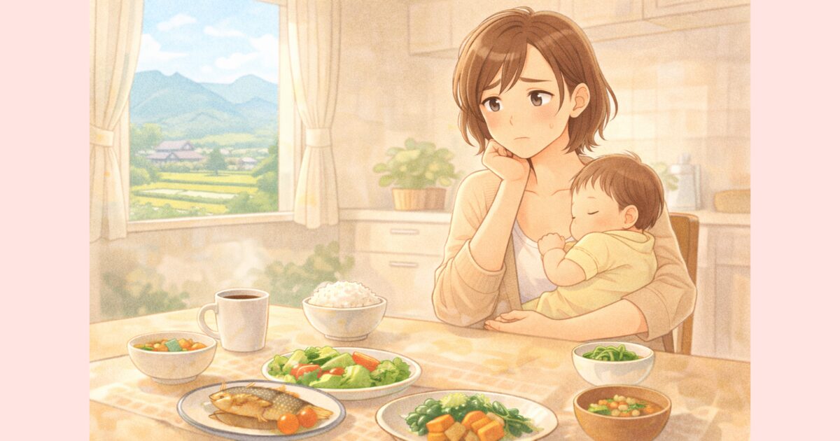 授乳しながらテーブルに並んだ食べ物を見て困惑した表情の産後ママ。産後に食べてはいけないものを気にしている場面。