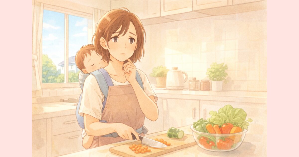 赤ちゃんをおんぶしながらキッチンで包丁を手に迷う表情の産後ママ。産後の宅配弁当をいつまで使うか考えている場面。