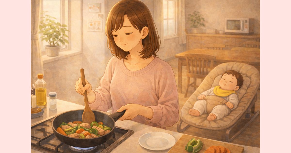産後に少し余裕が出てきて簡単な料理を始める産後ママ