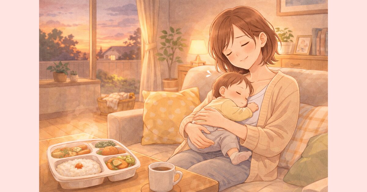 夕方に宅配弁当を前にほっとする産後ママと赤ちゃん