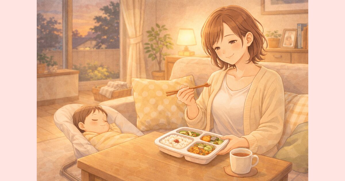 宅配弁当を食べながら赤ちゃんと過ごす産後ママ