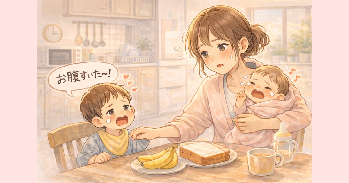 夕方のキッチンで赤ちゃんを抱っこしたまま産後ママと、隣でお腹を空かせている上の子。