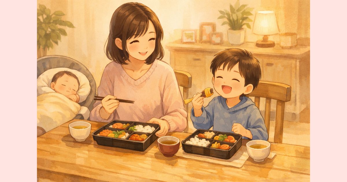 宅配弁当を上の子と一緒に食べて笑顔になる産後ママ
