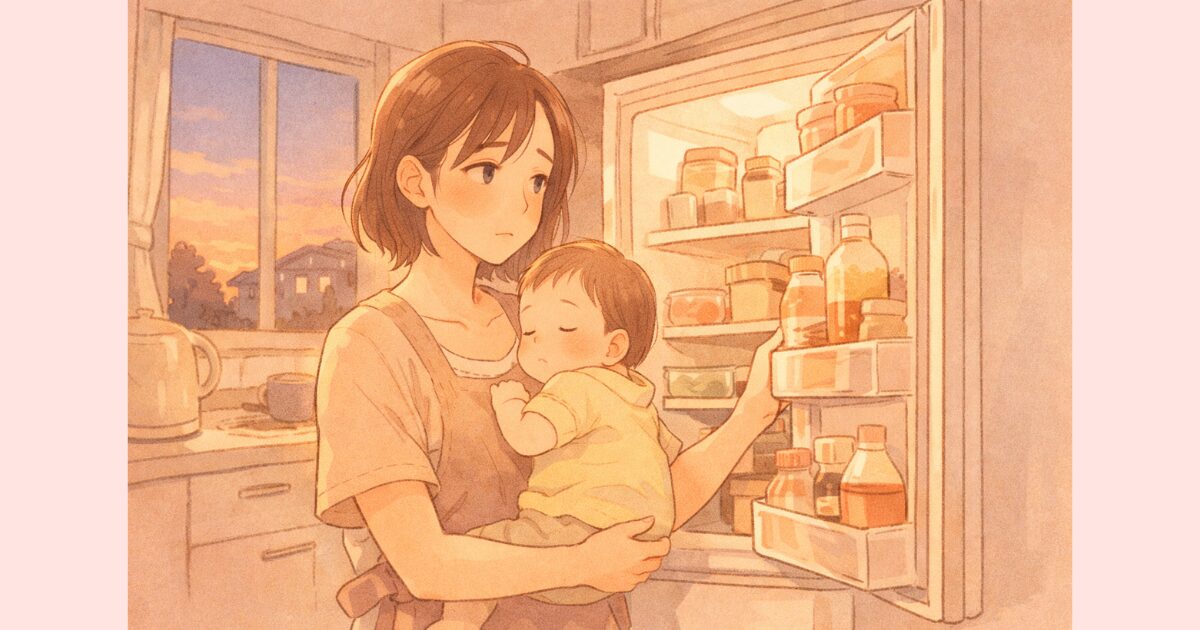 夕方のキッチンで赤ちゃんを抱っこしたまま、疲れた表情で冷蔵庫を開けてぼんやり見つめる産後の日本人ママ。