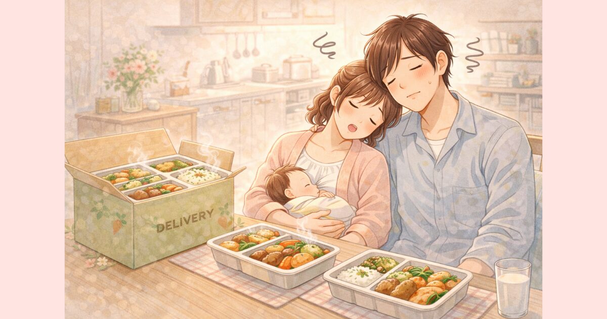 里帰りなしの出産後で、家事に追われて疲れる夫婦。宅配弁当が届きほっとしている様子。