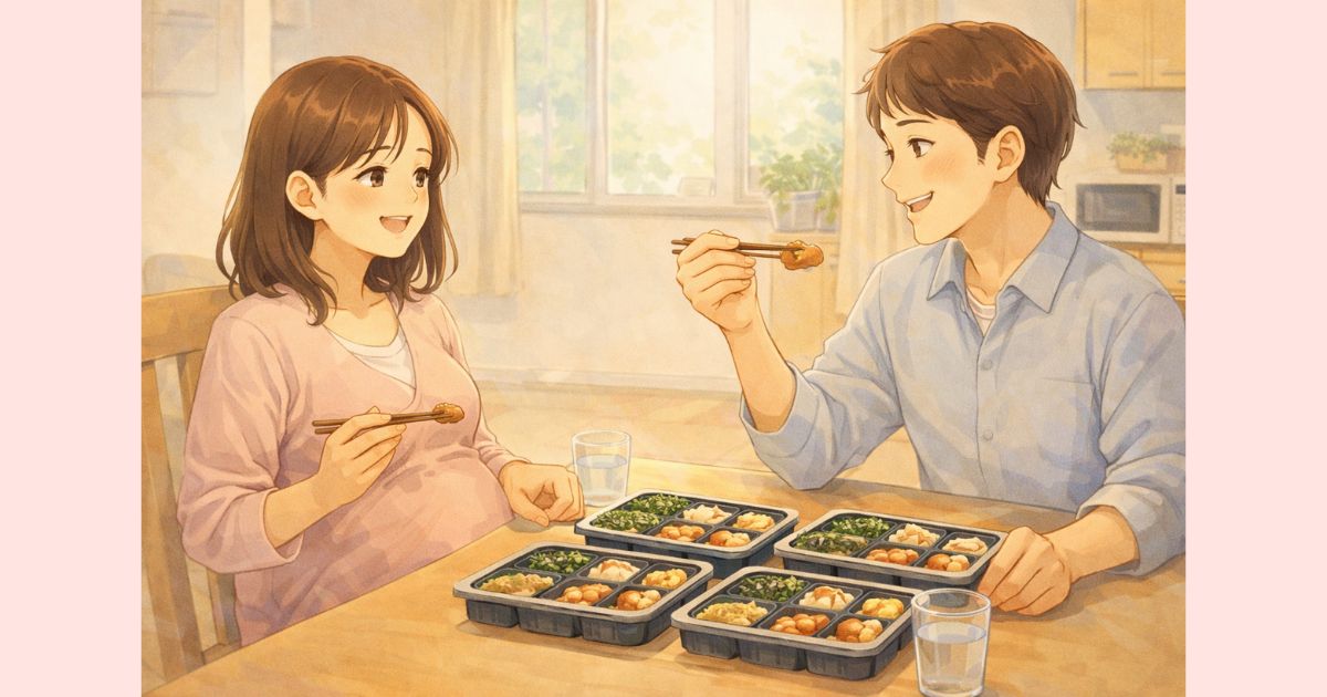 妊娠中に夫婦で宅配弁当を試食している様子