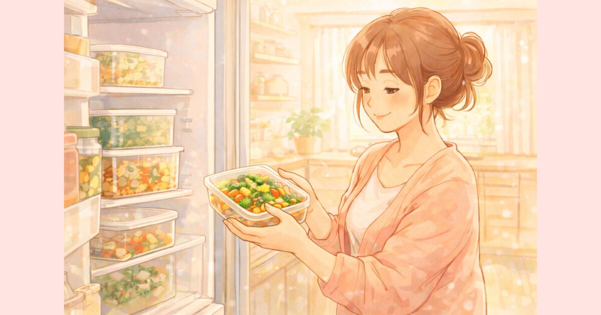 つくりおきJPのおかずを冷蔵庫から取り出す産後ママのイラスト