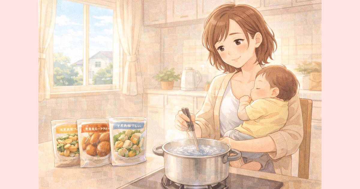赤ちゃんを抱っこしながら湯煎でわんまいるのおかずを温める産後ママ。国産食材の冷凍おかずが並んでいる。